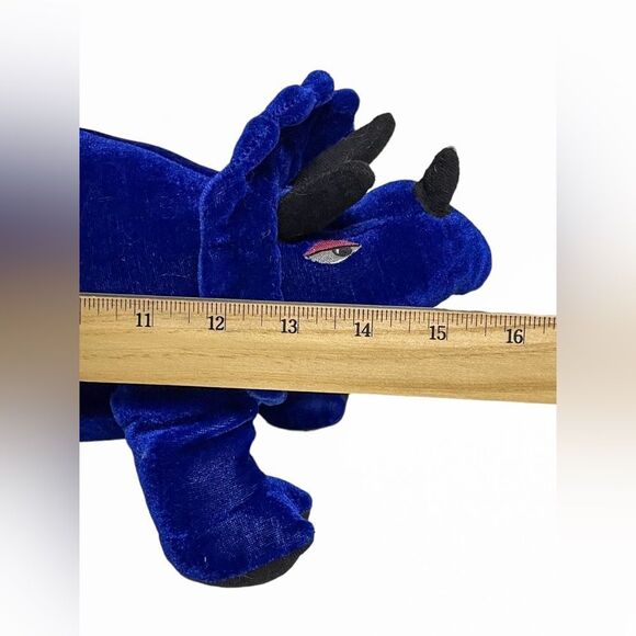 Vtg 90s BJ Toys Blue Dinosaur Stuffed Animal Plush Triceratops Cobalt Velour 15” - Picture 6 of 8